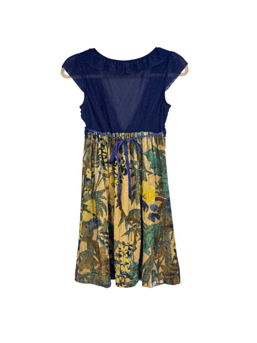 ✨3/$30 Free People XS Vtg Y2K Blue Floral Velvet Midi Dress Ruffle Polka Dot - Picture 2 of 5